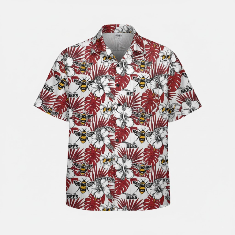 Brentford Hawaiian Shirt - Red White Tropical Hibiscus Bee Aloha Shirt - LeagueLockerGear