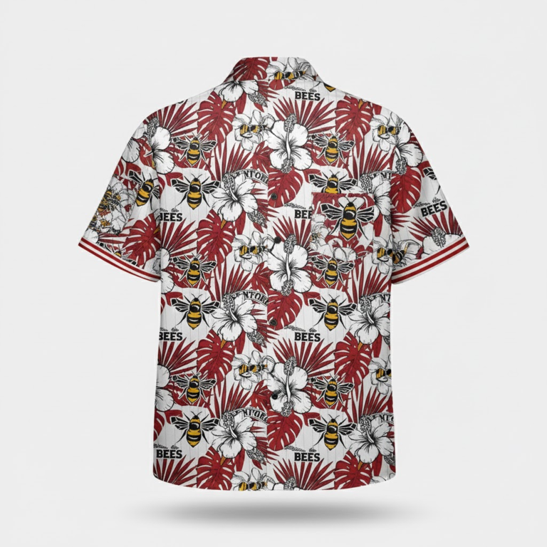 Brentford Hawaiian Shirt - Red White Tropical Hibiscus Bee Aloha Shirt - LeagueLockerGear