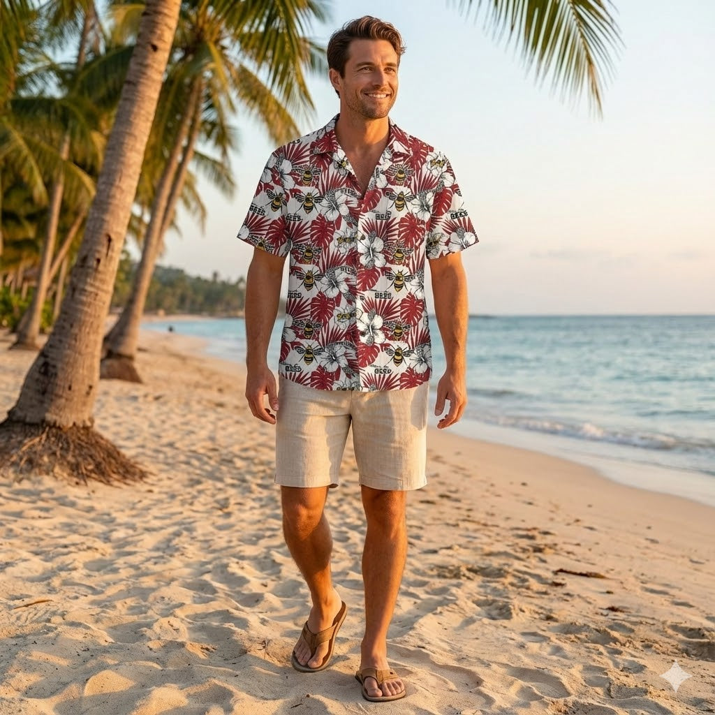 Brentford Hawaiian Shirt - Red White Tropical Hibiscus Bee Aloha Shirt - LeagueLockerGear