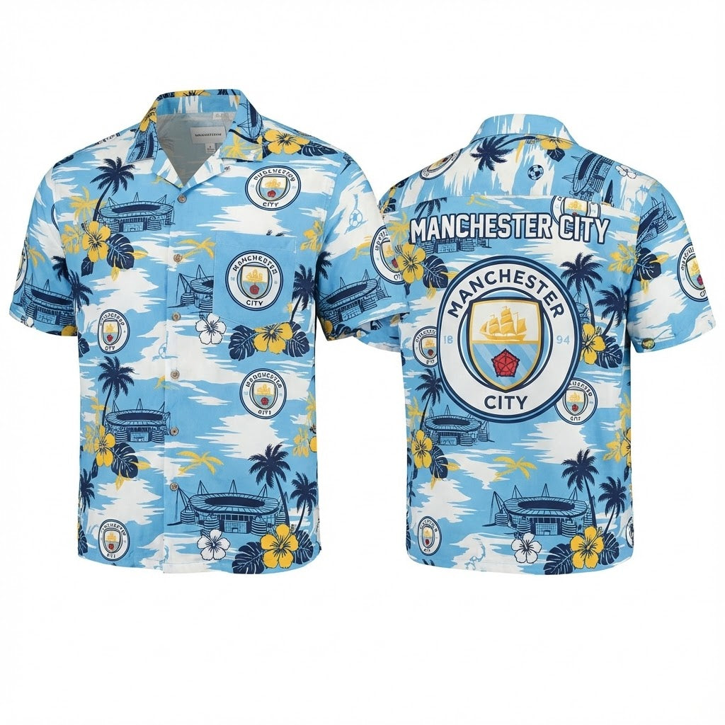 Manchester City Hawaiian Shirt - Tropical Palm Tree Etihad Stadium Print - LeagueLockerGear