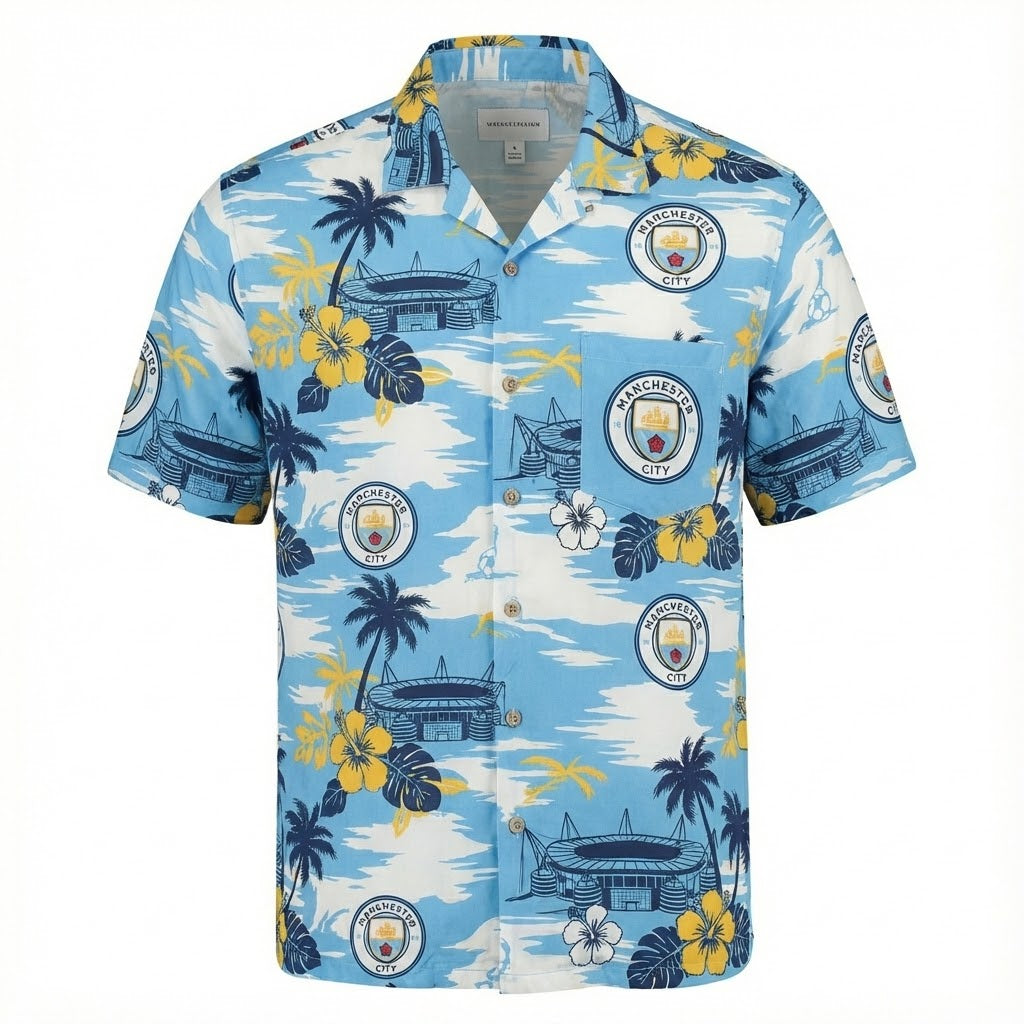 Manchester City Hawaiian Shirt - Tropical Palm Tree Etihad Stadium Print - LeagueLockerGear