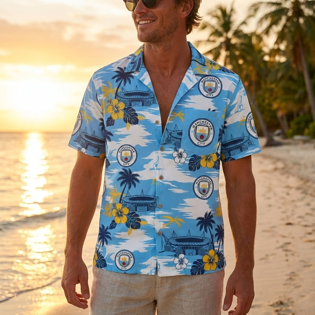 Manchester City Hawaiian Shirt - Tropical Palm Tree Etihad Stadium Print - LeagueLockerGear