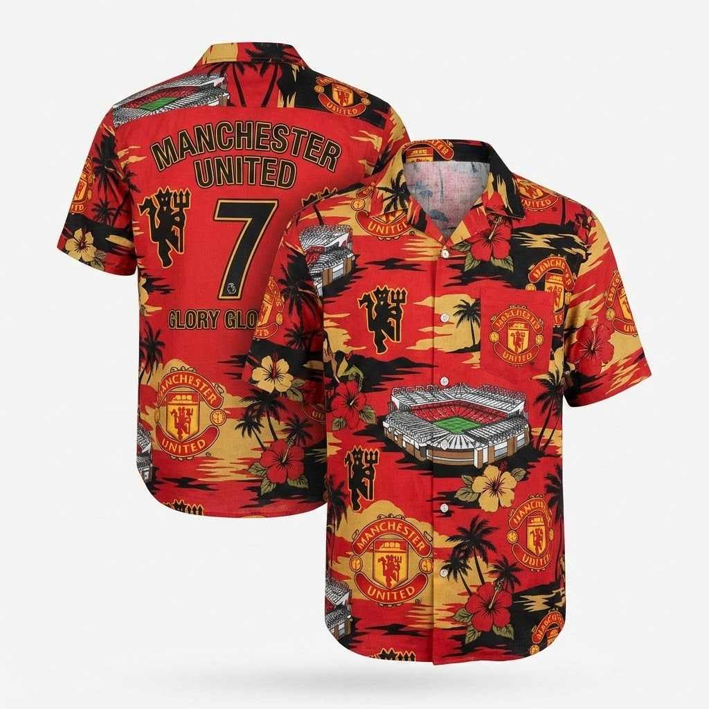Manchester United Hawaiian Shirt - Old Trafford Red Devil Tropical Print - LeagueLockerGear