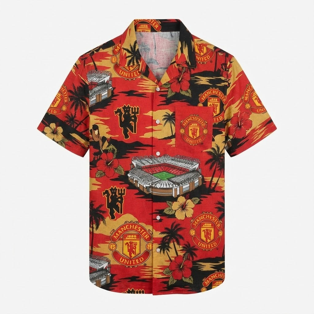 Manchester United Hawaiian Shirt - Old Trafford Red Devil Tropical Print - LeagueLockerGear