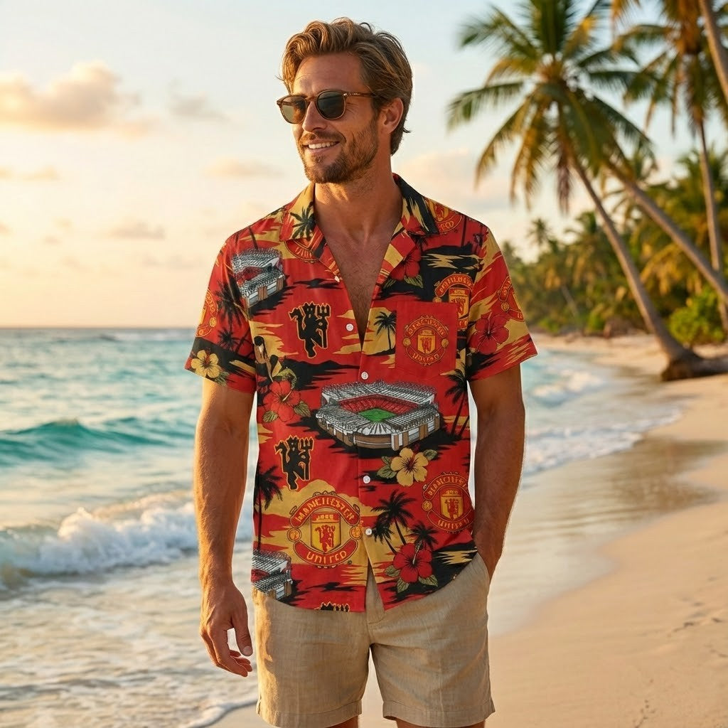 Manchester United Hawaiian Shirt - Old Trafford Red Devil Tropical Print - LeagueLockerGear