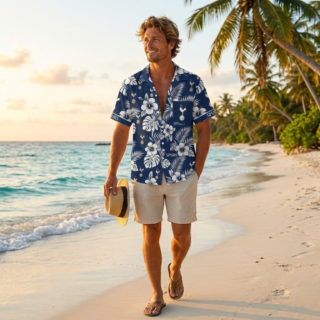 Tottenham Hotspur Hawaiian Shirt - Navy Blue Tropical Floral Fan Apparel - LeagueLockerGear
