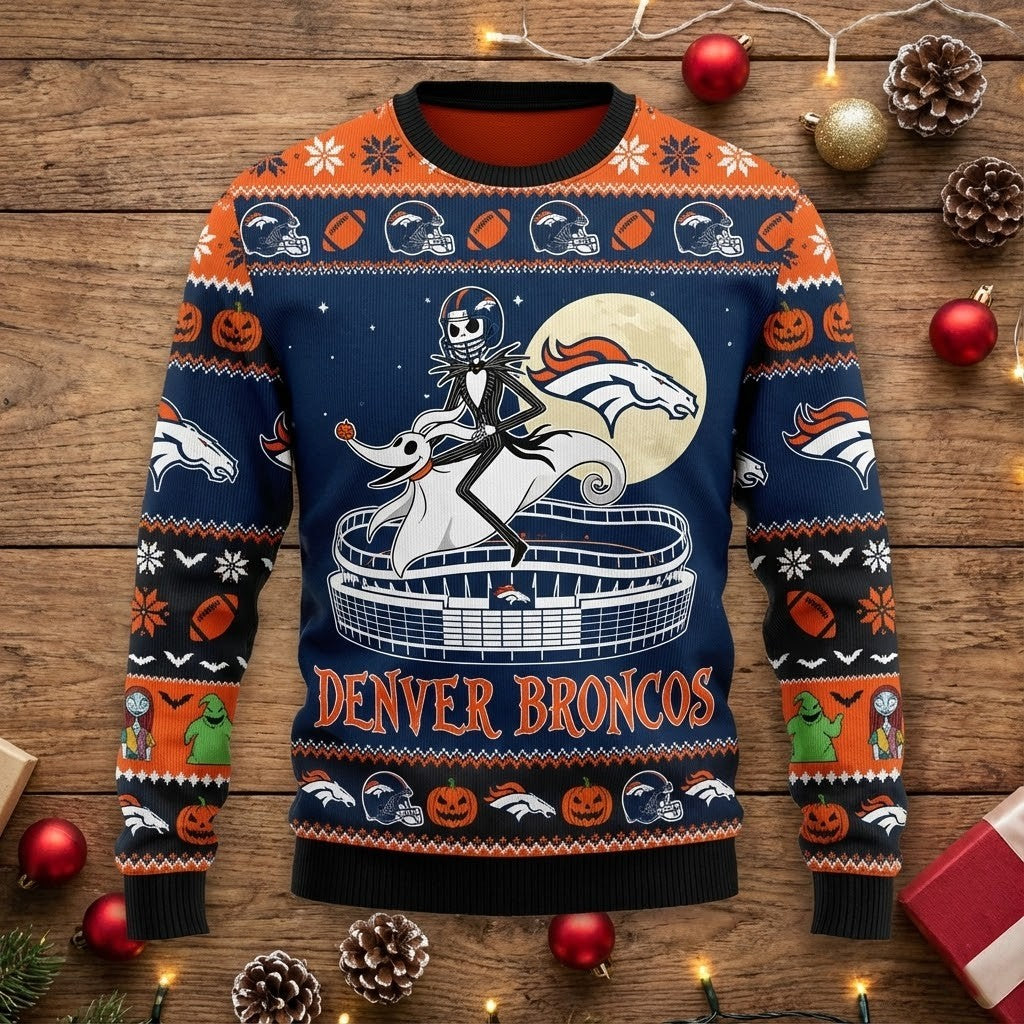 Denver Broncos Nightmare Before Christmas Sweater - NFL Jack Skellington Ugly Christmas Sweater - LeagueLockerGear