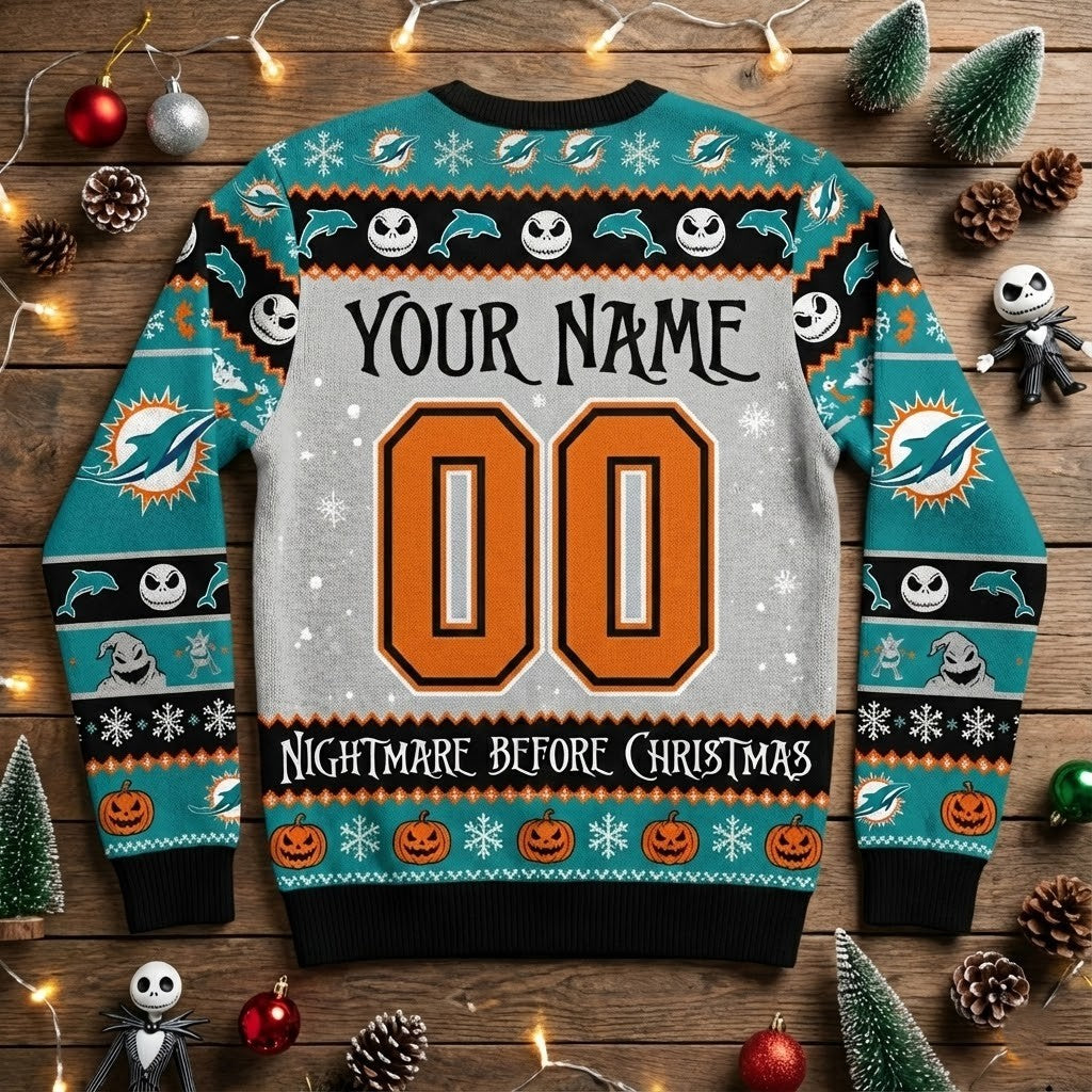 Miami Dolphins Nightmare Before Christmas Sweater - Jack Skellington and Sally Ugly Christmas Sweater - LeagueLockerGear