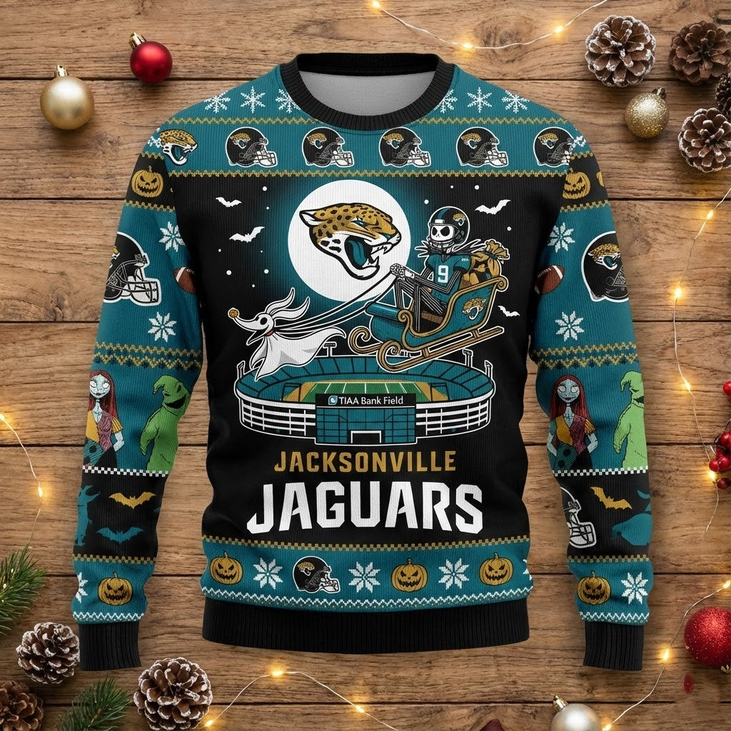 Jacksonville Jaguars Nightmare Before Christmas Sweater - NFL Jack Skellington Holiday Ugly Sweater - LeagueLockerGear