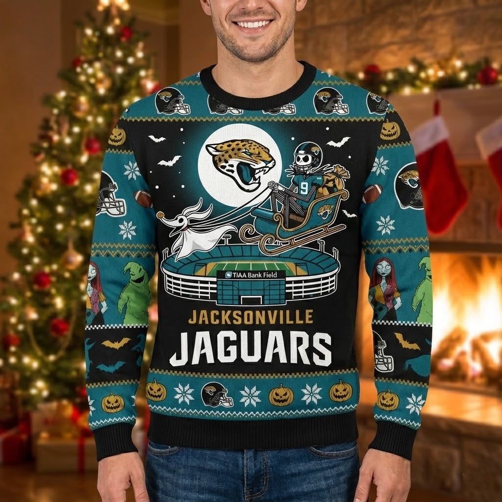 Jacksonville Jaguars Nightmare Before Christmas Sweater - NFL Jack Skellington Holiday Ugly Sweater - LeagueLockerGear