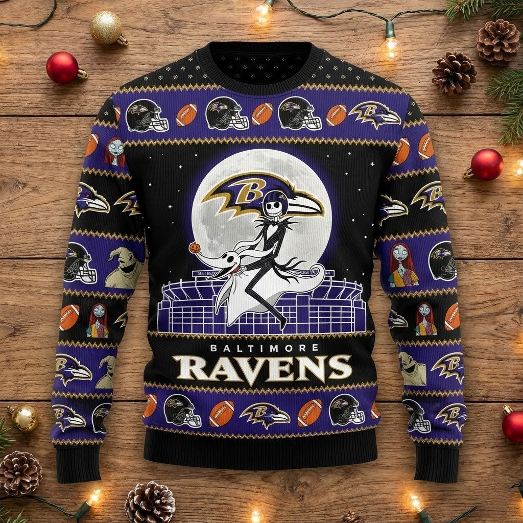 Baltimore Ravens Nightmare Before Christmas Sweater - NFL Jack Skellington Ugly Christmas Jumper - LeagueLockerGear