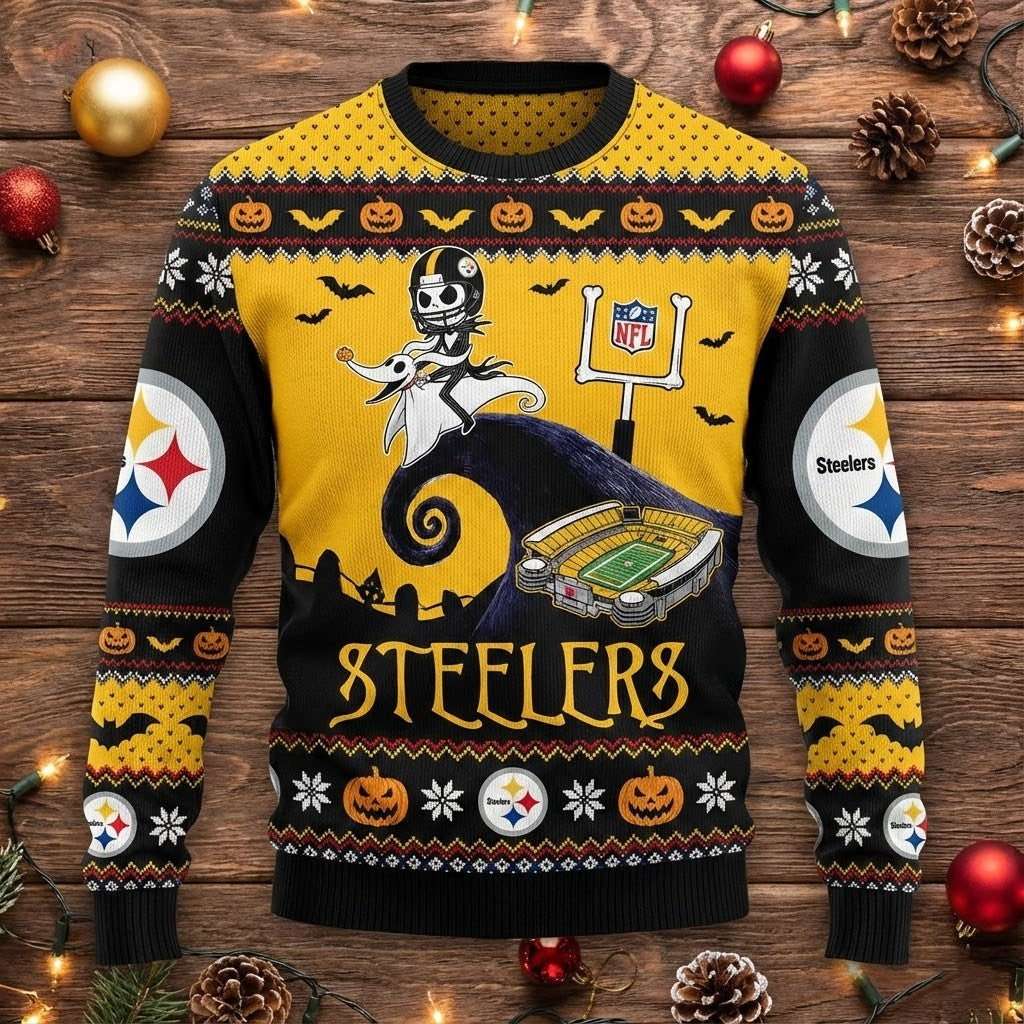 Pittsburgh Steelers Nightmare Before Christmas Sweater - Ugly Sweater Style NFL Fan Apparel - LeagueLockerGear