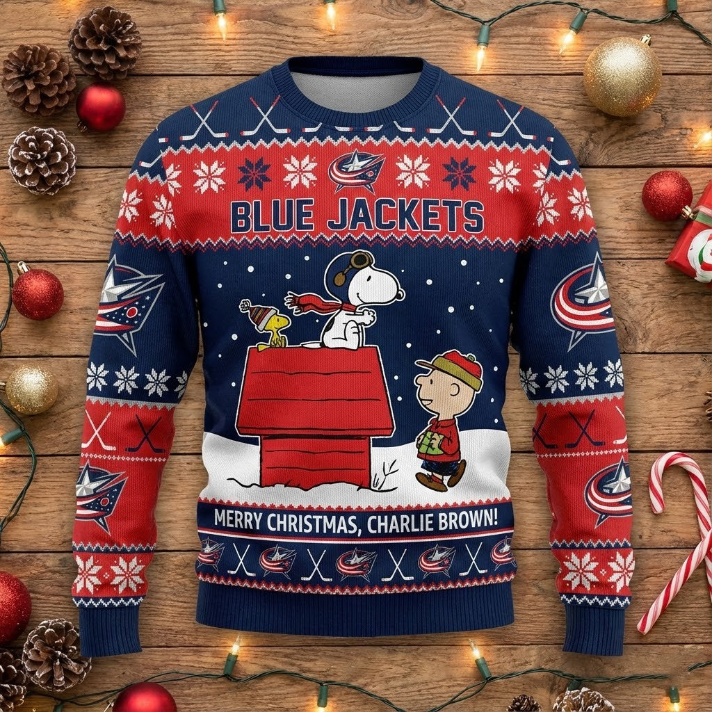 Columbus Blue Jackets Snoopy Christmas Sweater - Peanuts Charlie Brown Ugly NHL Holiday Jumper - LeagueLockerGear