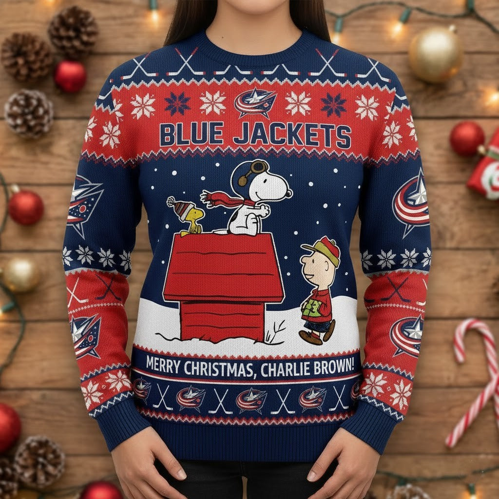 Columbus Blue Jackets Snoopy Christmas Sweater - Peanuts Charlie Brown Ugly NHL Holiday Jumper - LeagueLockerGear
