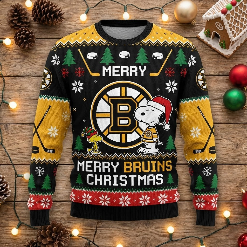 Boston Bruins Snoopy Christmas Sweater - Peanuts Ugly Holiday NHL Fan Apparel - LeagueLockerGear