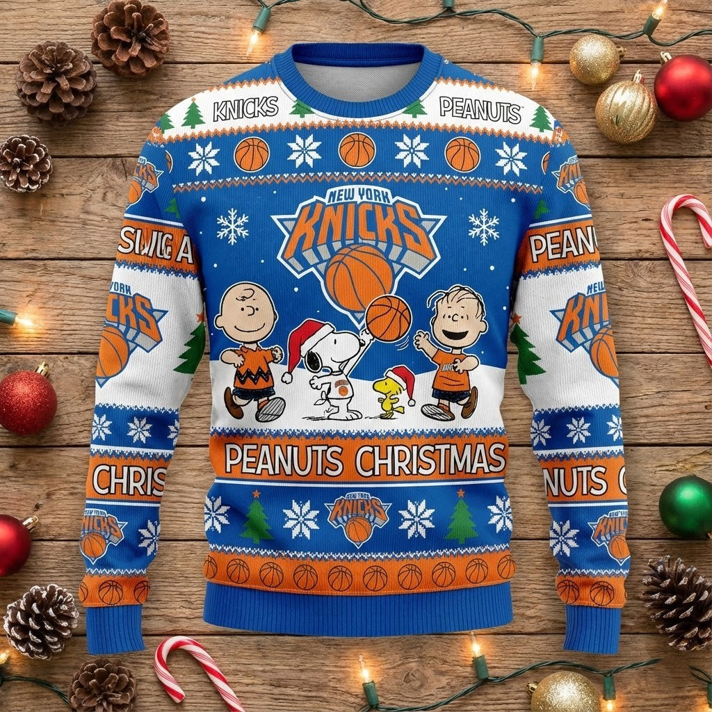 New York Knicks Peanuts Christmas Sweater - Snoopy Charlie Brown NBA Ugly Holiday Sweater - LeagueLockerGear