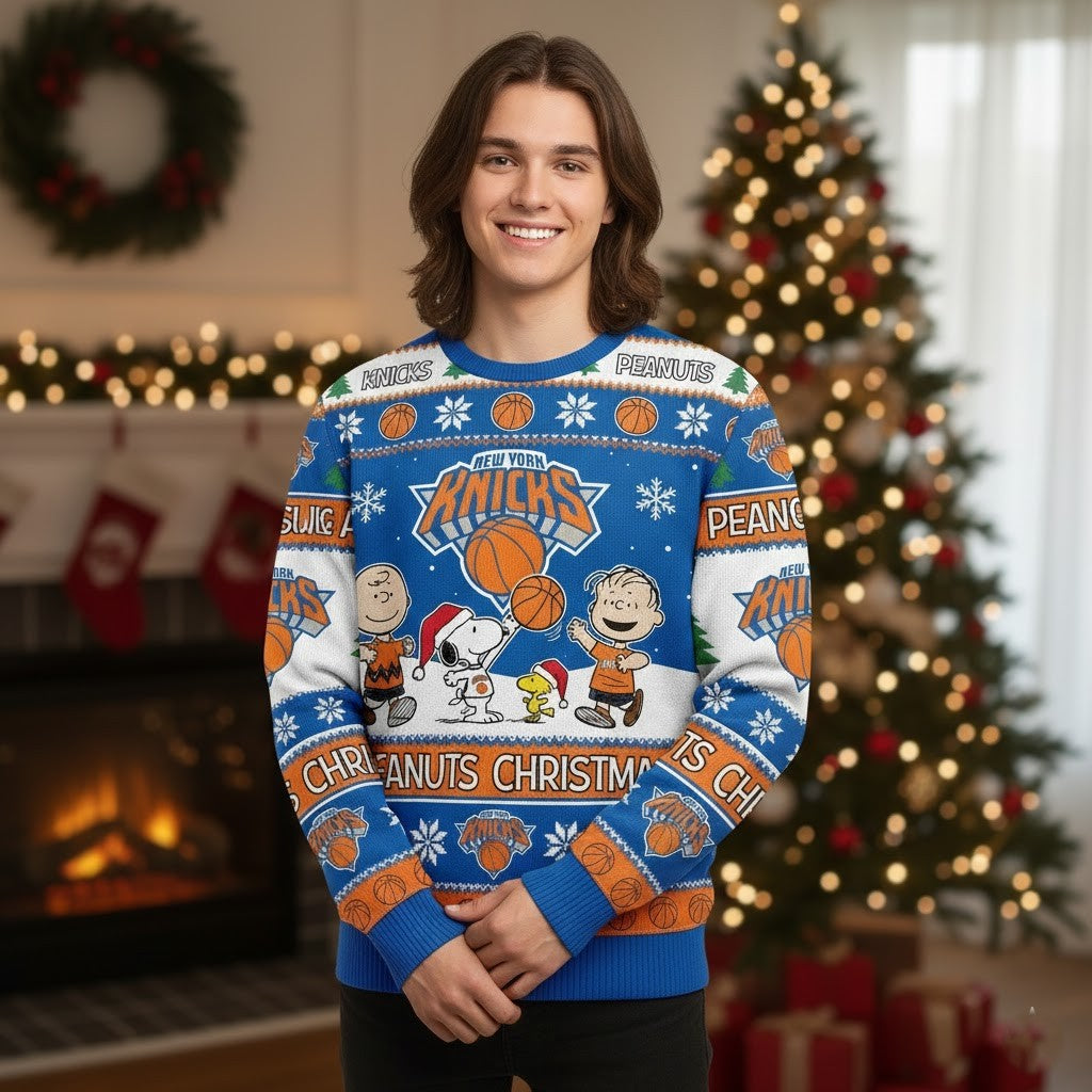 New York Knicks Peanuts Christmas Sweater - Snoopy Charlie Brown NBA Ugly Holiday Sweater - LeagueLockerGear
