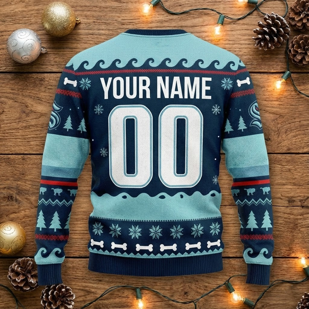 Seattle Kraken Snoopy Christmas Sweater - Peanuts Gang Charlie Brown Ugly Holiday Sweater - LeagueLockerGear