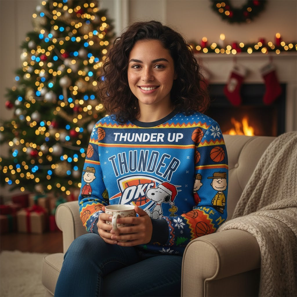 Oklahoma City Thunder Peanuts Christmas Sweater - Snoopy Charlie Brown NBA Ugly Jumper - LeagueLockerGear