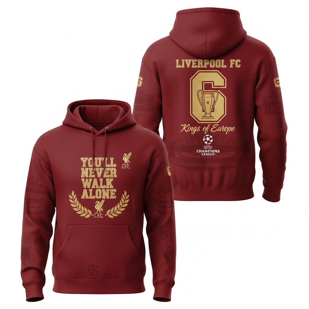 Liverpool Football Club 6 Times Champions Hoodie - Kings of Europe YNWA Pullover Sweatshirt - LeagueLockerGear