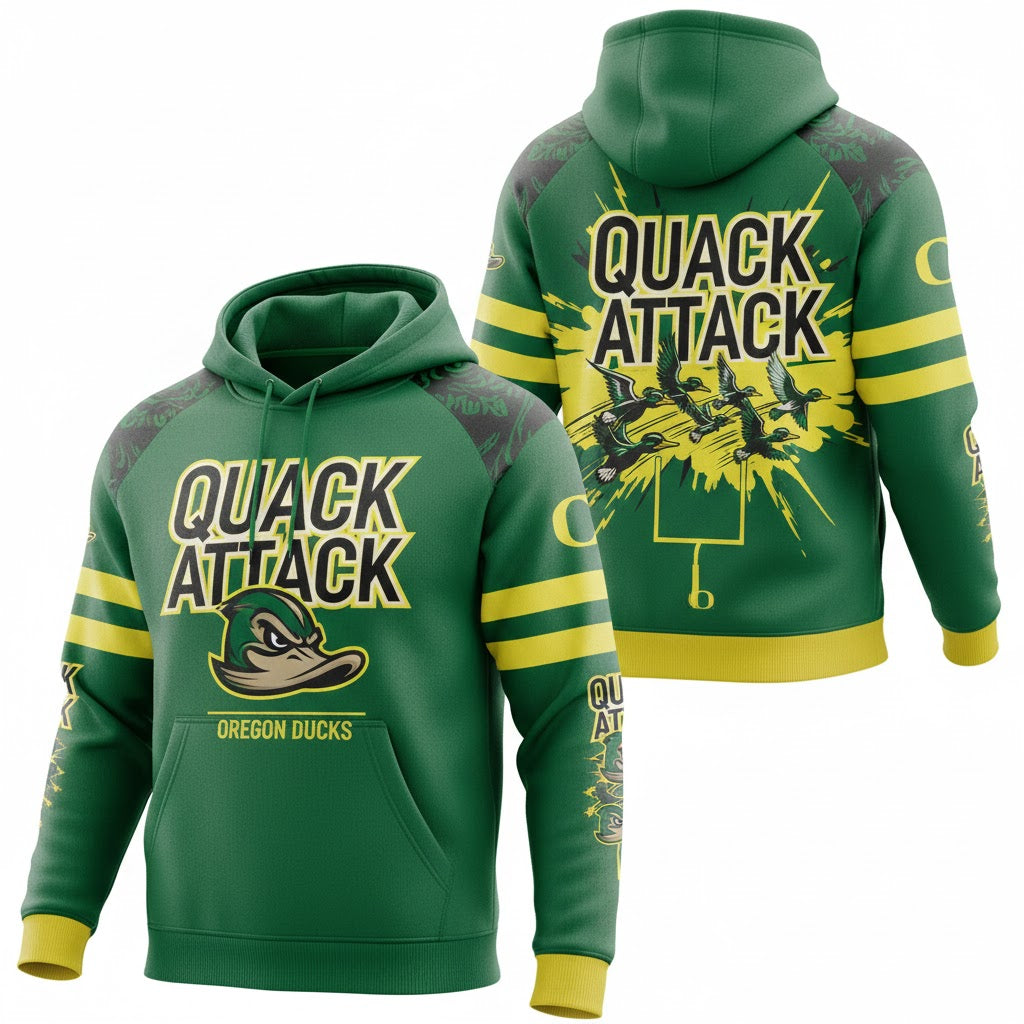 Oregon Ducks Quack Attack Hoodie - 3D Graphic Fan Pullover Sweatshirt - LeagueLockerGear