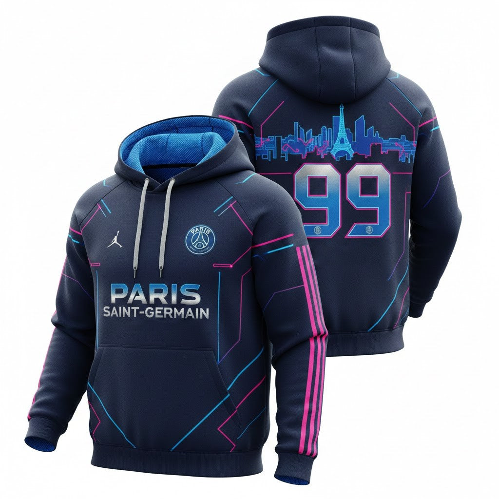 Paris Saint-Germain 3D Hoodie - Custom Number Paris Skyline Neon Graphic Pullover - LeagueLockerGear
