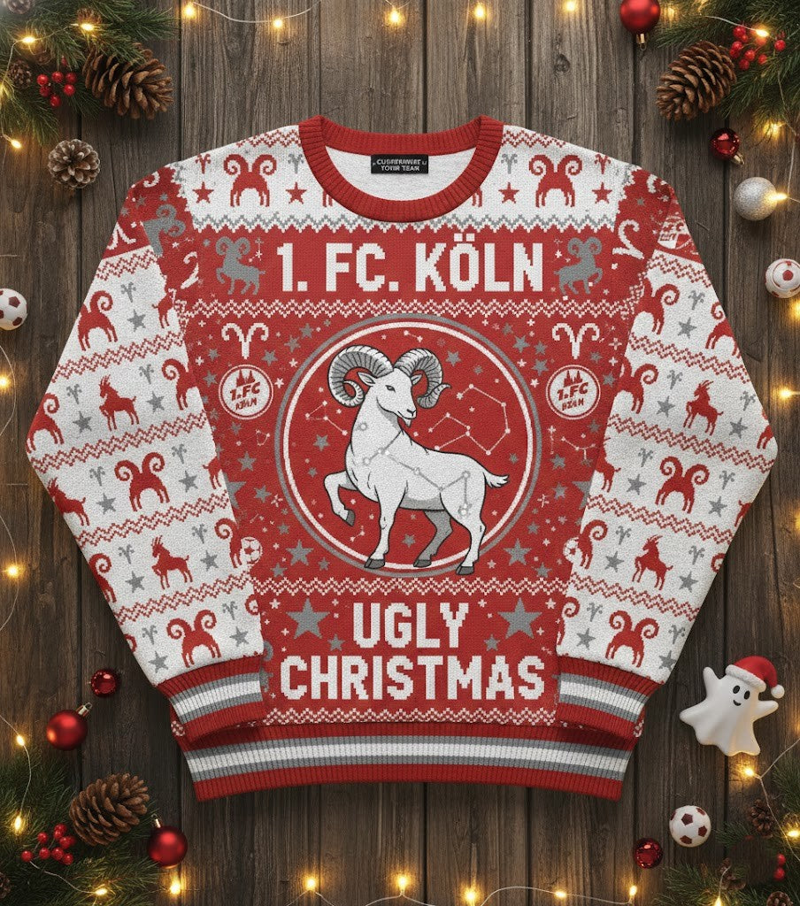 1. FC Köln Ugly Christmas Sweater - Knitted Football Fan Holiday Jumper, Hennes Mascot Gift - LeagueLockerGear
