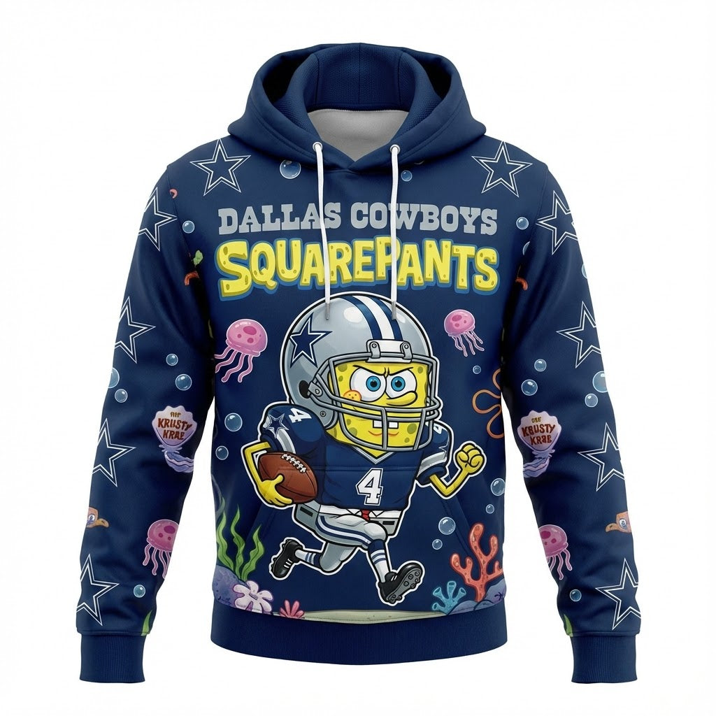 Dallas Cowboys SpongeBob SquarePants Hoodie - NFL Cartoon Crossover 3D All Over Print Pullover - LeagueLockerGear