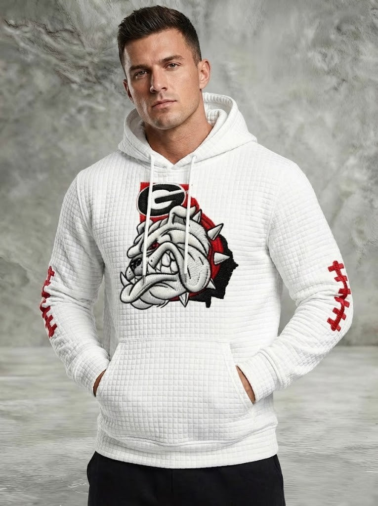 Georgia Bulldogs White Hoodie - Embroidered Mascot with Football Lace Sleeves - LeagueLockerGear