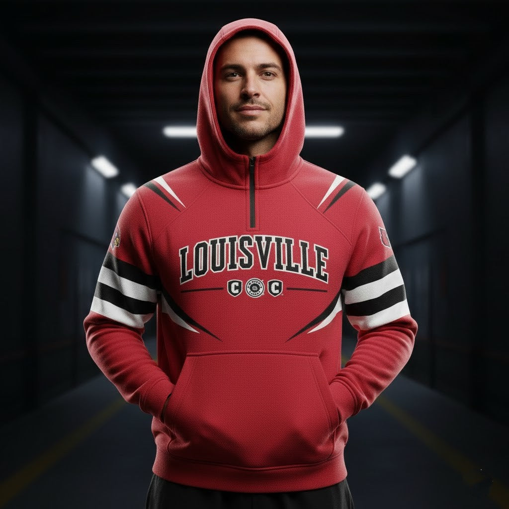 Louisville Cardinals Quarter-Zip Hoodie - Red NCAA Fan Apparel with Striped Sleeves - LeagueLockerGear