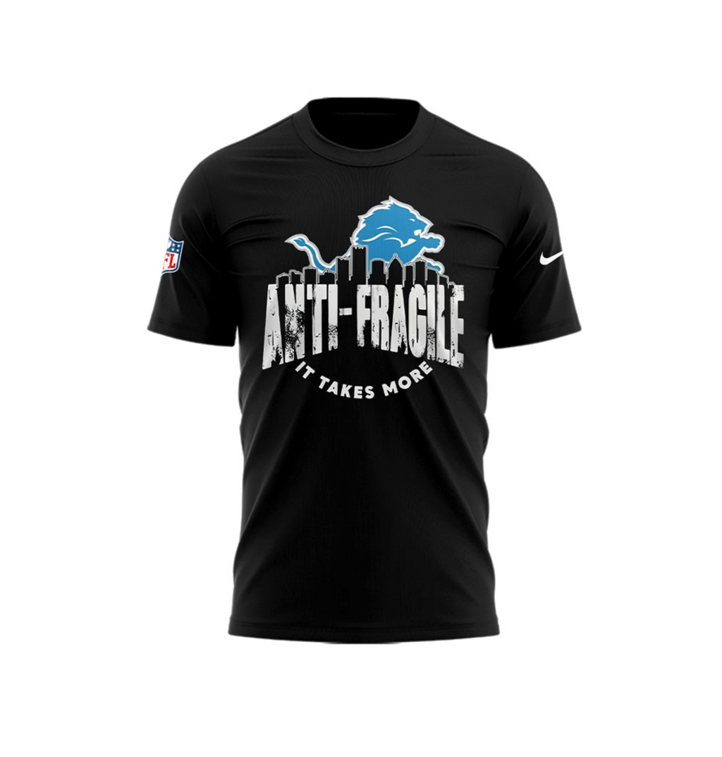 Detroit Lions Anti-Fragile T-Shirt - Nike NFL Fan Gear with Distressed Slogan and City Skyline Graphic - LeagueLockerGear