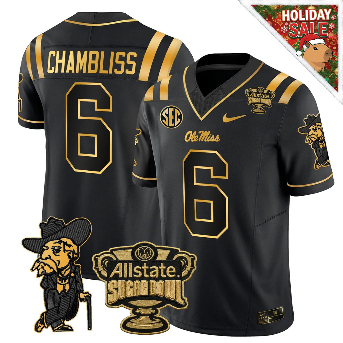 Ole Miss Rebels Chambliss Football Jersey - No. 6 Black Allstate Sugar Bowl Edition with Metallic Gold Accents - LeagueLockerGear