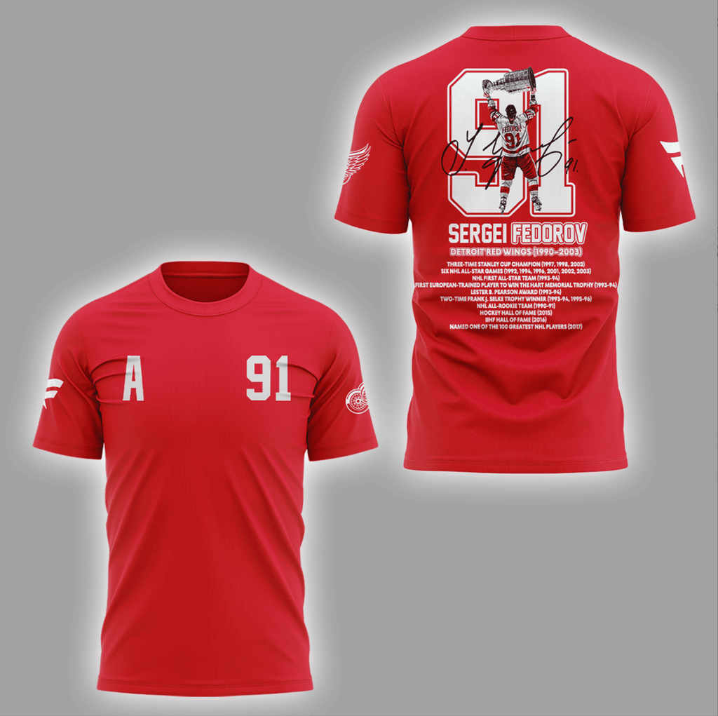 Sergei Fedorov Detroit Red Wings Shirt - Number 91 Tribute Tee with Signature and Career Highlights Graphic - LeagueLockerGear