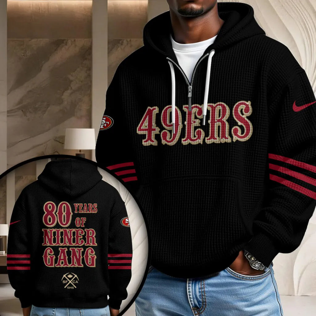 San Francisco 49ers Niner Gang Hoodie - 80 Years Anniversary Waffle Knit Zip Sweatshirt - LeagueLockerGear