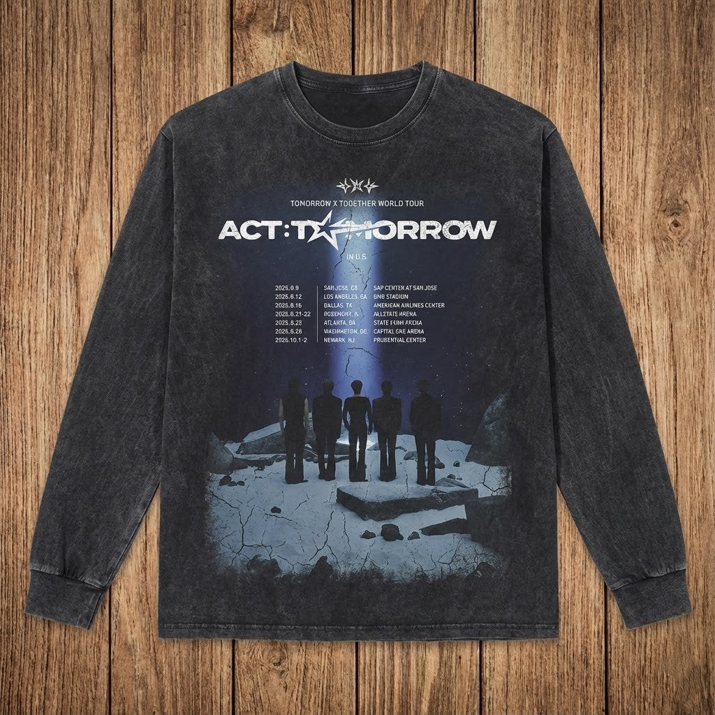Tomorrow X Together Act Tomorrow Tour Shirt - Vintage Washed Long Sleeve with US Tour 2025 Dates - LeagueLockerGear