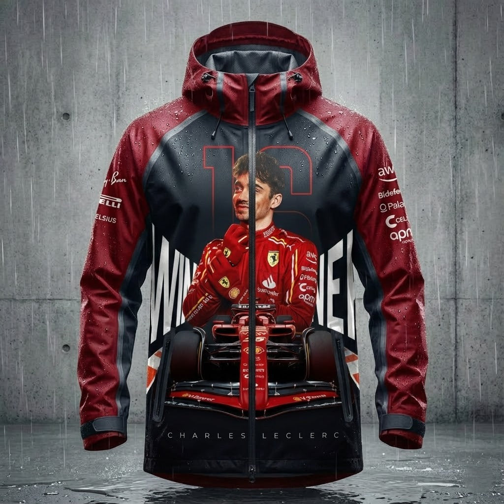 Charles Leclerc Formula 1 Jacket - Scuderia Ferrari 3D Graphic Hooded Rain Jacket - LeagueLockerGear