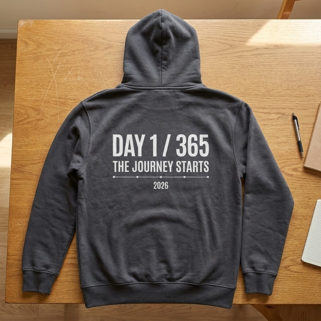 Day 1/365 The Journey Starts Hoodie - Inspirational New Year 2026 Motivational Quote Sweatshirt - LeagueLockerGear