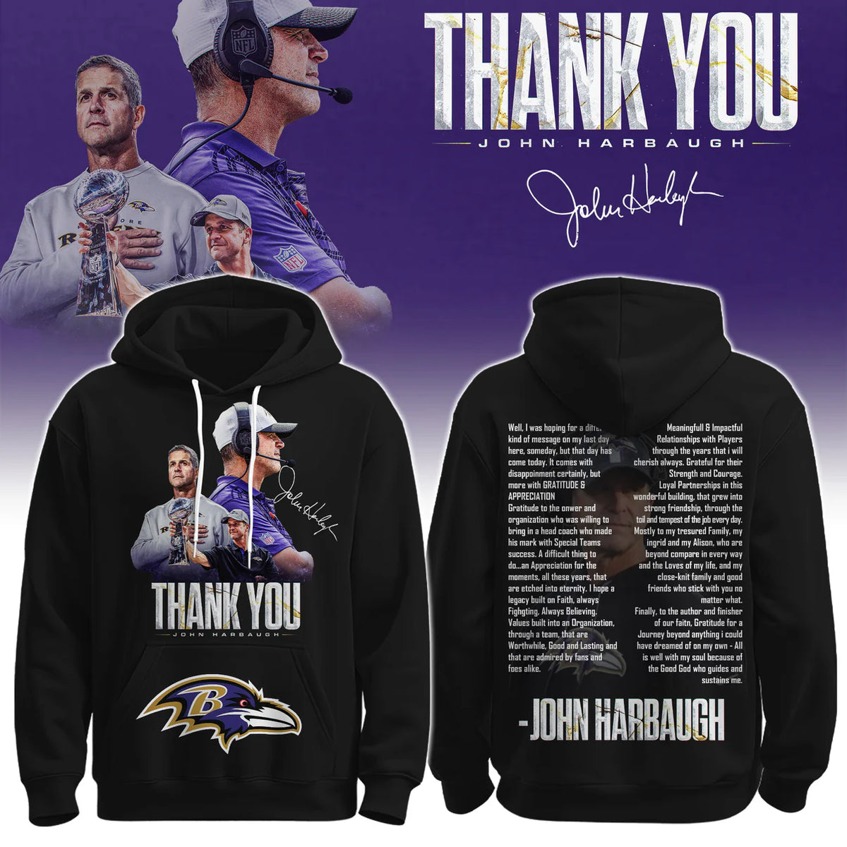 Baltimore Ravens Thank You John Harbaugh Signature Hoodie - LeagueLockerGear