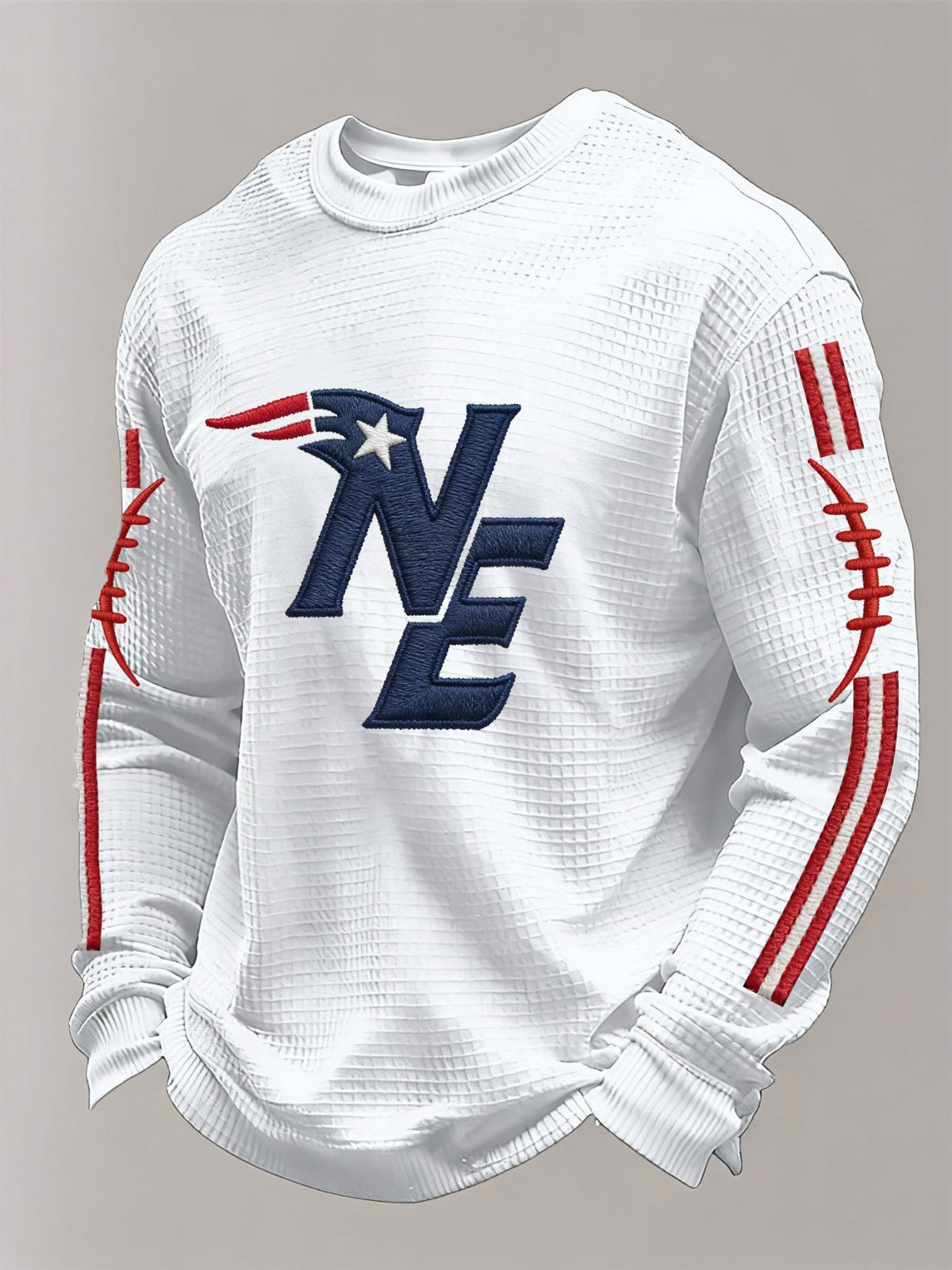 New England Patriots Embroidered Logo And Football Sleeve Waffle Knit Shirt - LeagueLockerGear