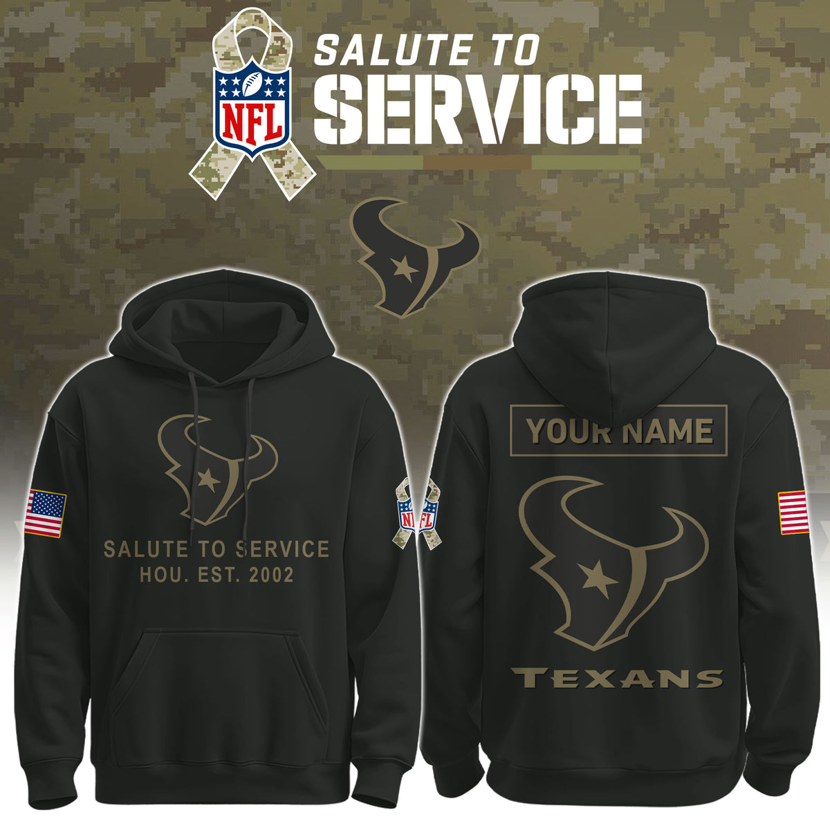 Houston Texans Salute To Service Custom Name Hoodie - LeagueLockerGear