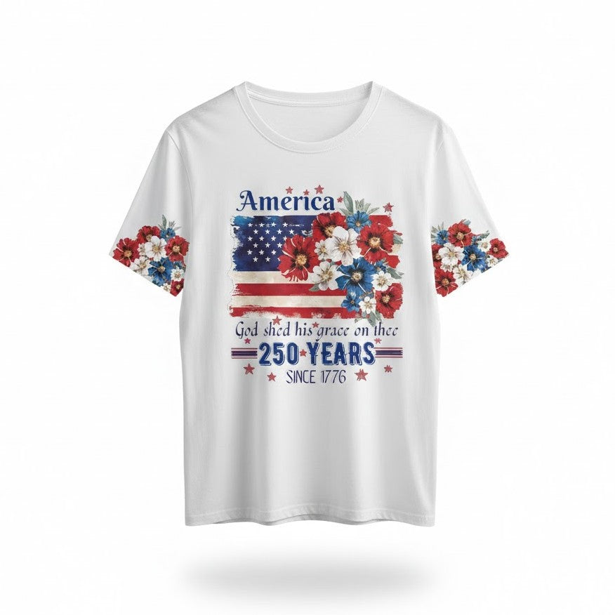 America 250 Years Since 1776 Floral Flag T-Shirt - LeagueLockerGear