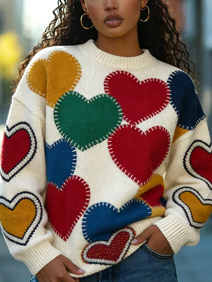 Colorful Patchwork Hearts Knitted Sweater - LeagueLockerGear