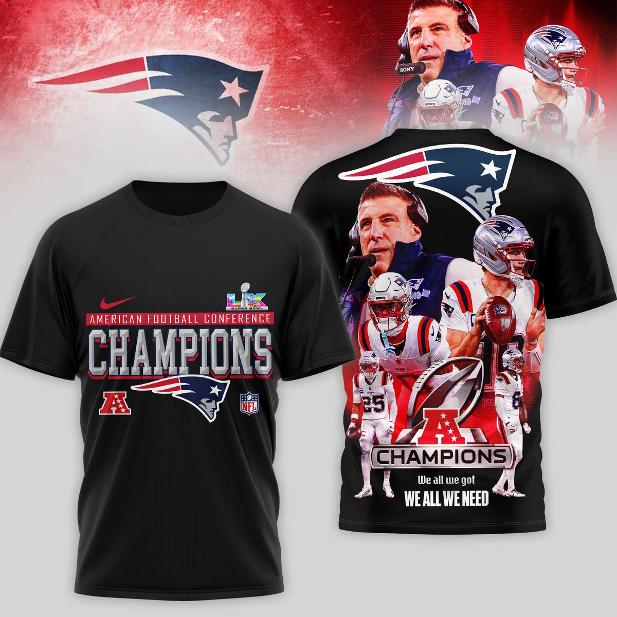New England Patriots American Football Conference Champions Super Bowl LIX T-Shirt - LeagueLockerGear