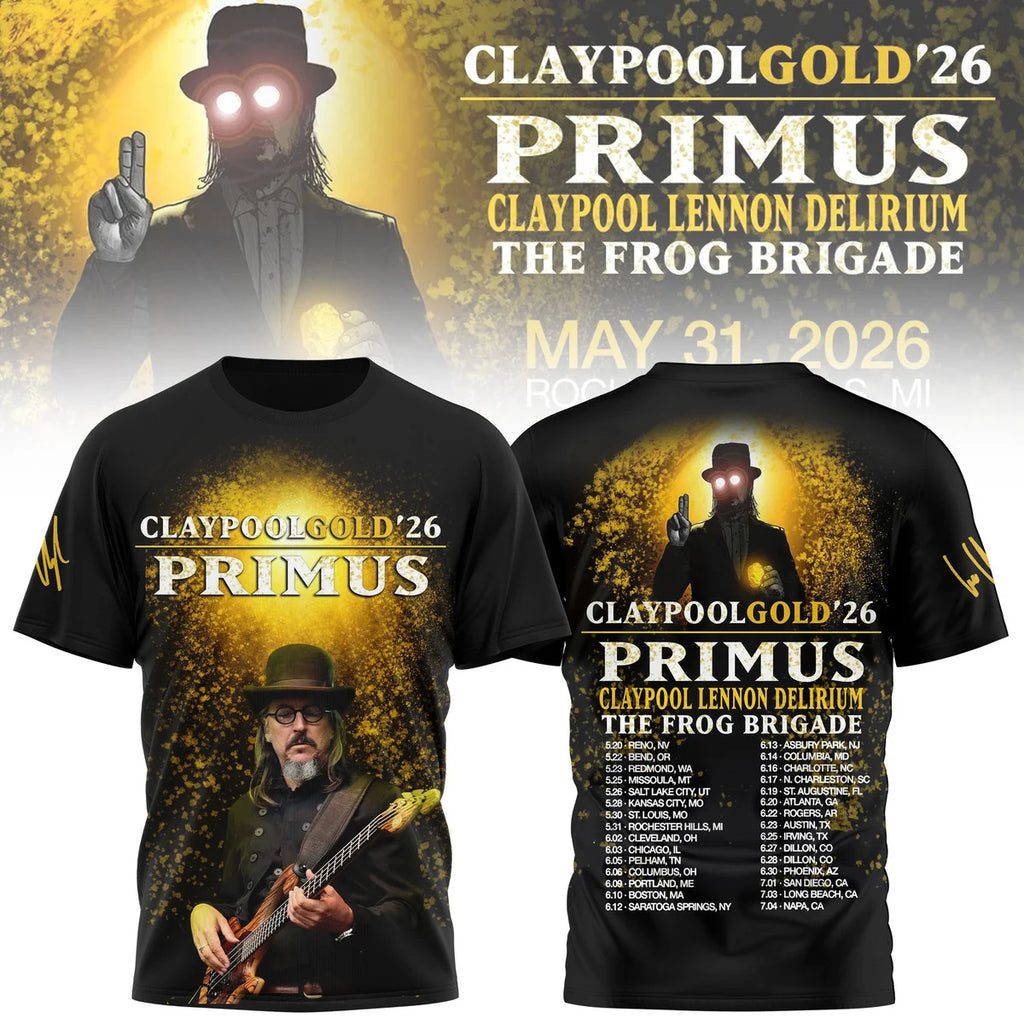 Primus Claypoolgold '26 Tour Dates T-Shirt - LeagueLockerGear