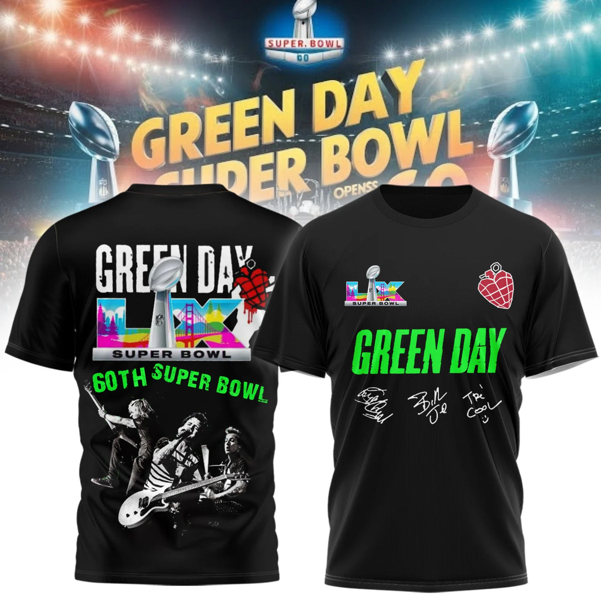 Green Day Super Bowl 60th Anniversary T-Shirt - LeagueLockerGear