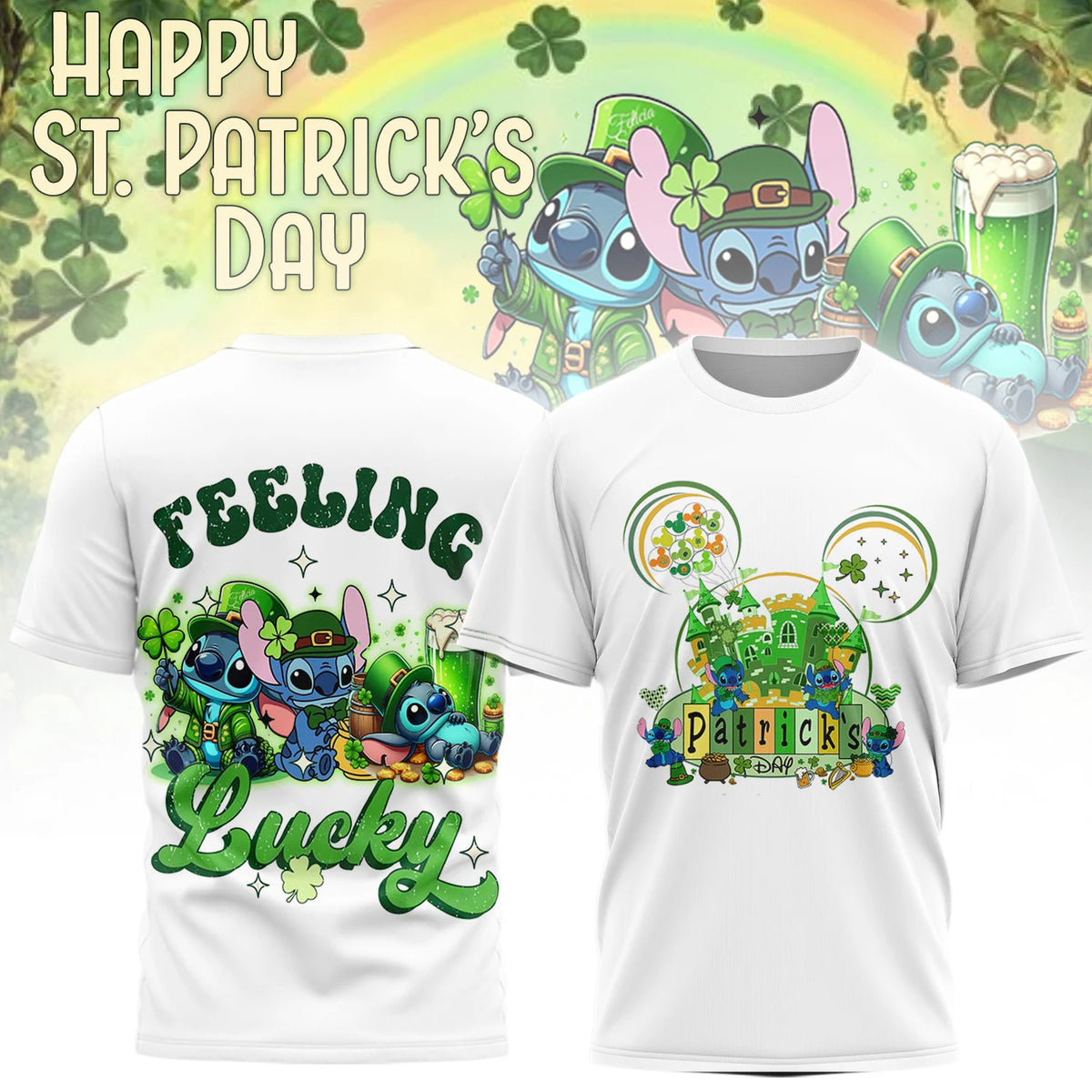 Stitch and Angel St. Patrick's Day Feeling Lucky T-Shirt - LeagueLockerGear