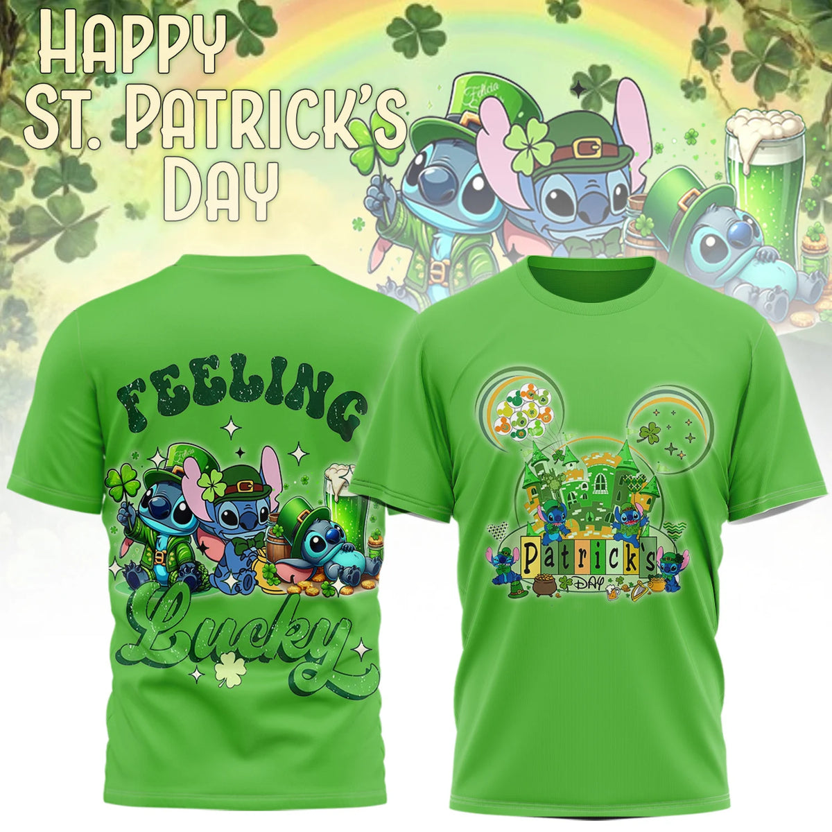Stitch and Angel St. Patrick's Day Feeling Lucky T-Shirt - LeagueLockerGear