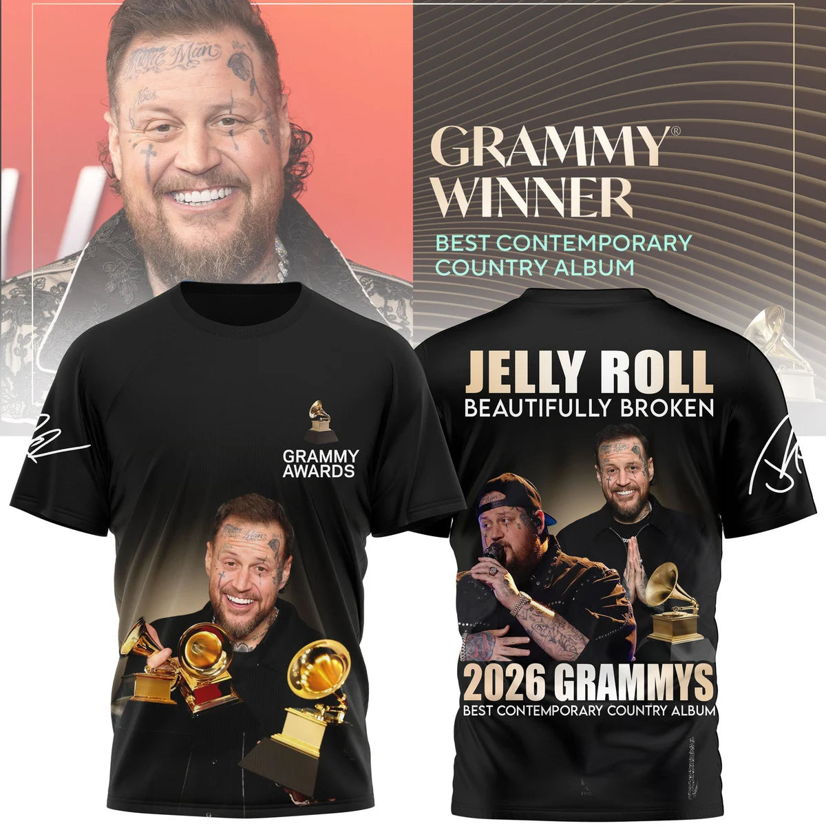 Jelly Roll Beautifully Broken 2026 Grammys Winner T-Shirt - LeagueLockerGear