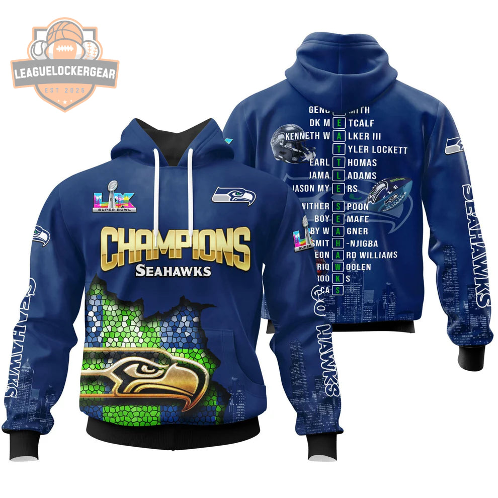 Seattle Seahawks Super Bowl LX Champions Player Roster 3D Hoodie - LeagueLockerGear
