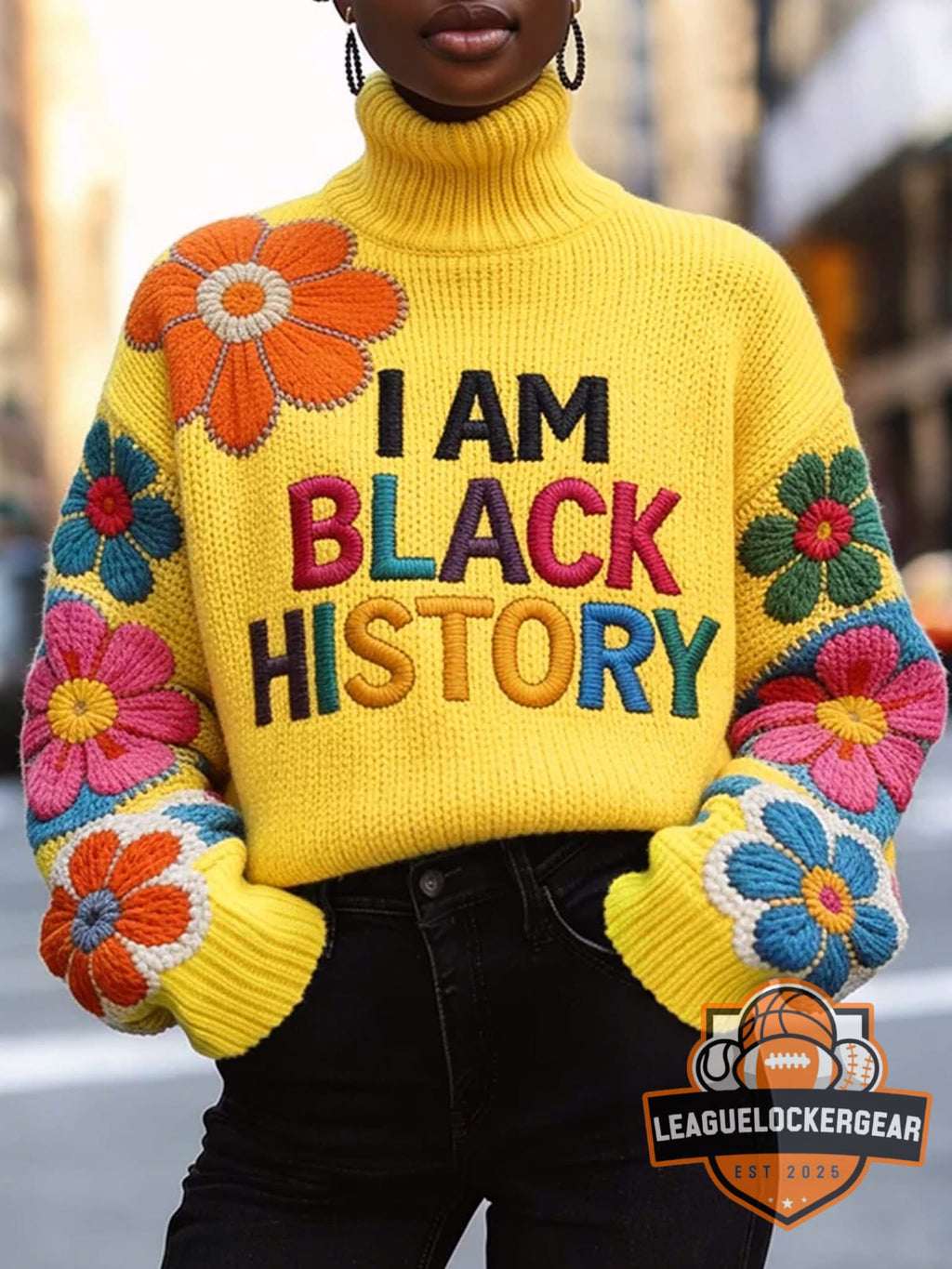 I Am Black History Floral Embroidered Turtleneck Sweater - LeagueLockerGear